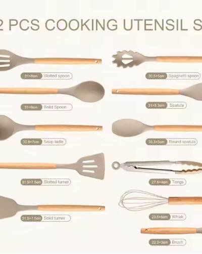 Non-Stick Silicon 12 Pcs Heat Resistant Wooden Handle Kitchen Cooking Utensils Set, Khaki Color