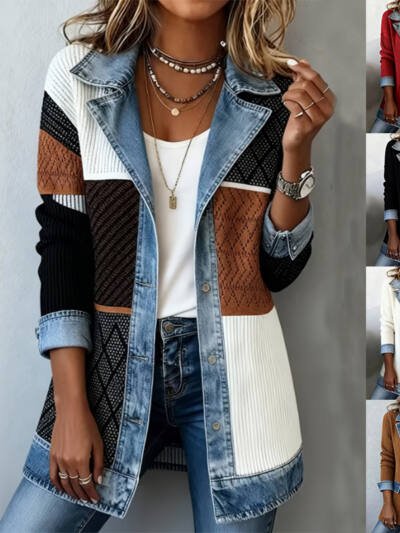 Denim Patchwork Jacket Women's Fashion Elegant Slim Fit Long-Sleeved Tops