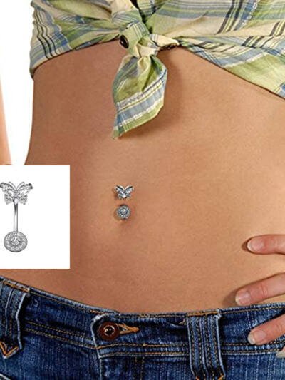 Novel Belly Button Ring Surgical Steel CZ Barbell Butterfly Belly Piercing Jewelry Body Retainer 14G