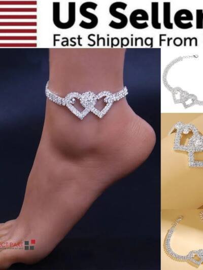 Double Heart Anklet Bracelet Love Barefoot Chain Bling Crystal Ankle Bracelet US