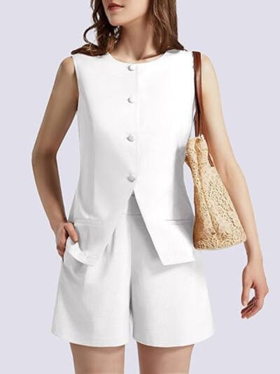 2-piece Sleeveless Round Neck Button High-waisted Trousers Business Work Suits