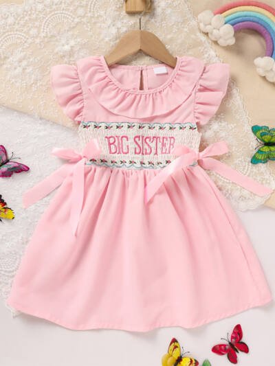 Toddler Girl's Pink Ruffle Sleeve Dress Letter Embroidery & Bow Detail With Back Button Closure