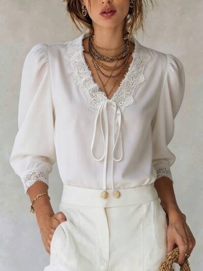 Women's Elegant Lace Trim Puff Sleeve Blouse, V-Neck Tie Front