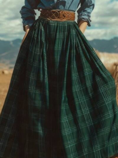 Plaid Pleated Maxi Skirt Casual Midi Skirt
