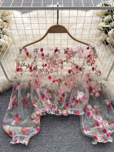 Off-shoulder Mesh Embroidery Transparent Shirt