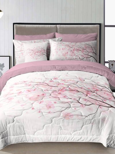 Cherry Blossom Pattern Comforter Set 8PCS Twin Size Soft Bedding Set,1 Comforter,1 Pilow Cover,1 Flat Sheet,1 Fitted Sheet,4 Cushion Cover