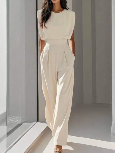 Women's Solid Color Round Neck Short Sleeve Wide-Leg Jumpsuit With