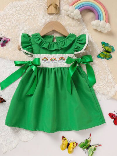 Toddler Girl Rainbow Embroidered Ruffle Sleeve Dress