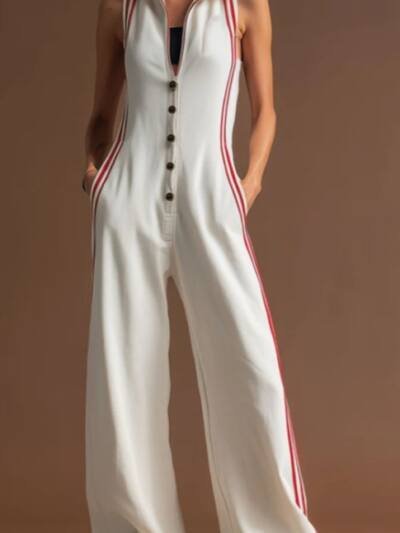 Off-White Sleeveless Collared Wide-Leg Jumpsuit With Red Side Stripes