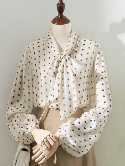 Retro Apricot Polka Dot Blouse Women