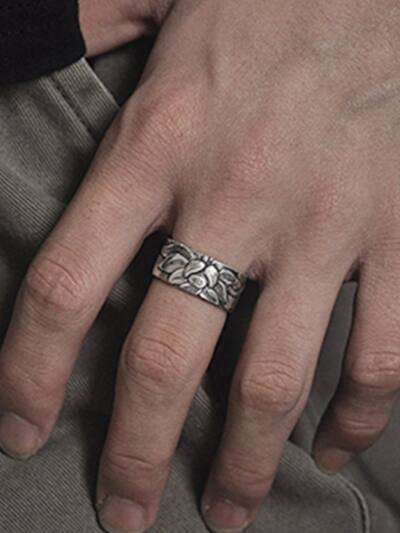 Thai Silver Black Lotus Heart Sutra  Ring