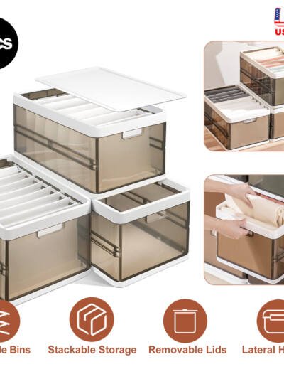 3 Pack Foldable Storage Bin With Lid Stackable Plastic Closet Organizer With Handle Divider Collapsible Drawer Organizer For Toys Clothes
