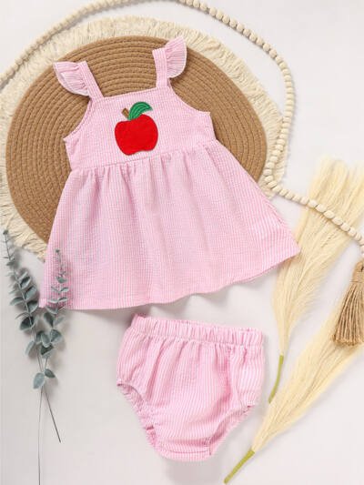 Kids Baby Girl Back To School Outfit, First Day Of School, Summer Ruffle Sleeves Applique Top & Shorts Set