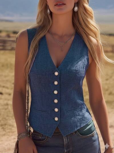 Dark Denim V-Neck Fitted Button-Front Vest
