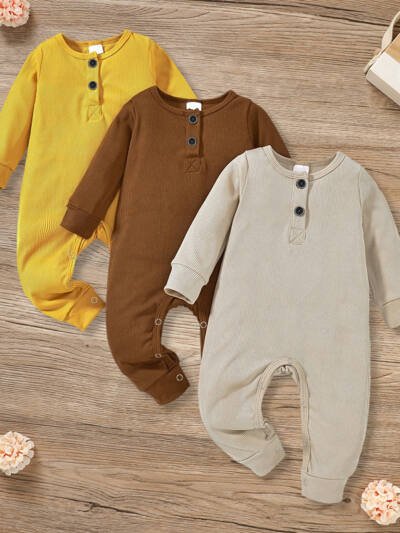 3-Pack Newborns Infants Baby Boys & Girls Long Sleeve Ribbed Romper Soft Button Front Jumpsuit