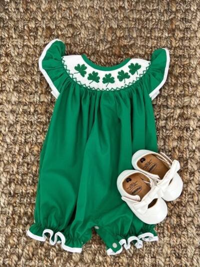 Baby Short Sleeve Romper With Clover Embroidery, Ruffle Trim Playsuit