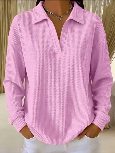 V-neck Waffle-knit Long-sleeve Loose-fit Plus-size Womens Top