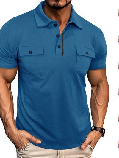 Summer Lapel Button Polo Shirt With Pockets Outdoor Fashion Short
