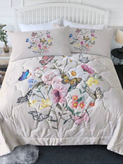 Butterfly Flower Comforter Light Pink Bedding Sets Twin For Girls Women, 1 Soft Comforter And 2 Pillowcases Suit For All Season Use
