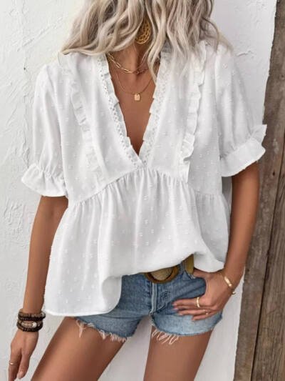Women's Casual Solid Color Lace-trimmed V-neck T-shirt Top