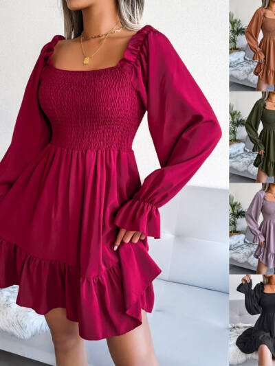 Square Neck Flared Long Sleeve Ruffle Swing Dress
