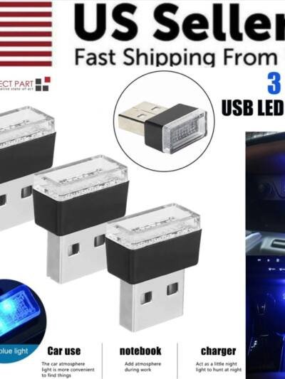 3x Mini Blue LED USB Car Interior Light Neon Atmosphere Ambient Lamp Accessories