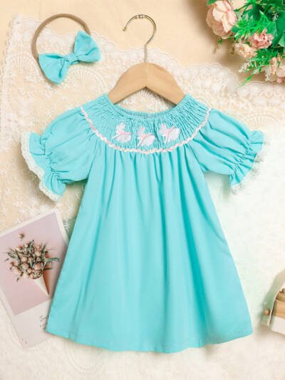 Toddler Girl's Bunny Dress Bow Headband Ruffle Sleeve Smocked Dress With Rabbit Embroidery For Summer