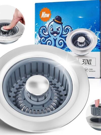 3-in-1 Kitchen Sink Drain Strainer & Stopper, Silver