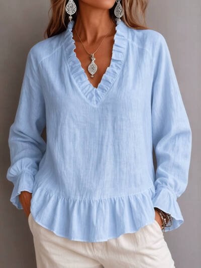 V-neck Pullover Long-sleeve Loose-fitting Womens Top