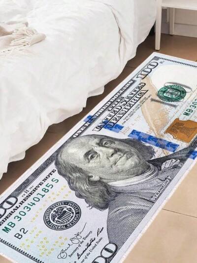 One Hundred Dollar Design Area Rug, Currency Inspired Non-Slip Carpet For Living Room & Entryway