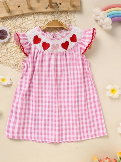 Infant Baby Girls' Valentine's Day Dress Pink Plaid With Heart Embroidery, Smocked Ruffle Sleeves