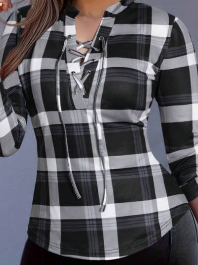 Women's Plaid Notch Neck Criss Cross Tie Short Sleeve T-Shirt