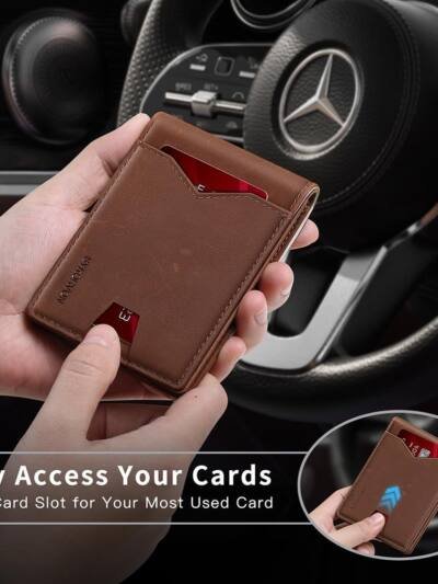 Men's Real Leather Slim Bifold Wallet, RFID Blocking, Brown