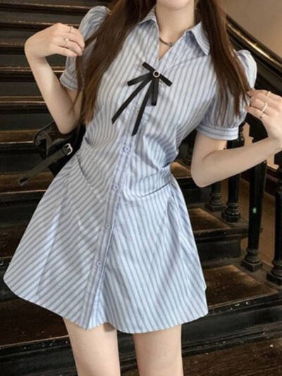 Striped Short Sleeve Dress Women's Summer Design Tight Waist Slimming Bow A- Line Skirt