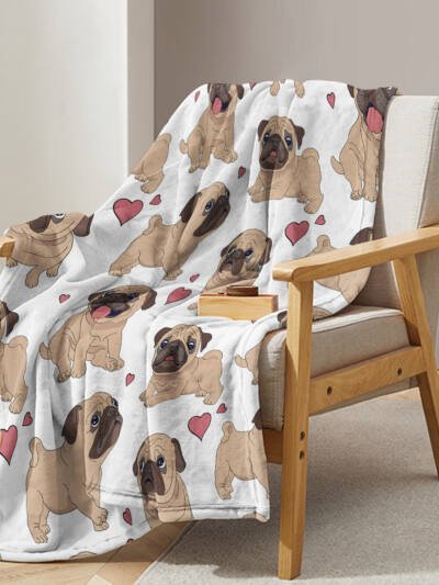 1pc Cute Cartoon Lapdog Heart Pattern Cute Pet Style Soft And Skin Friendly Blanket Cover Blanket Casual Blanket