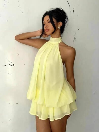 Chiffon Halter Tea Length Dress Sassy Skirt
