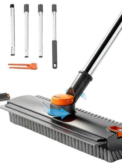 Floor Scrub Brush With 54in Adjustable Long Handle, Grey&Orange  3 In 1 Floor Scrub Brush With Scraper And Stiff Bristle, Heavy Duty Floor Scrubber For Shower Bathroom Kitchen Patio Garage