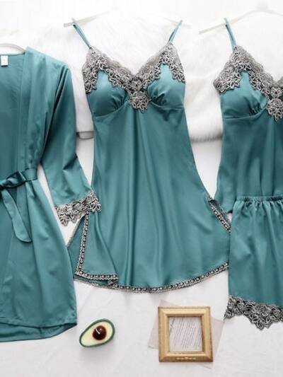 French Pajamas Spring And Summer Thin Ice Silk Nightdress Five-piece Suit