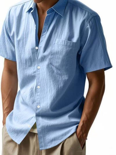 Solid Color Linen Shirt Short Sleeve Men