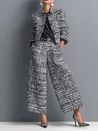 Notched Lapel Slim-fit Women's Long-sleeve Short Top With Wide-leg