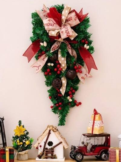 Christmas Candy Cane Wreath Xmas Teardrop Wreath Green Leaves Wreath Wall Hanging Door Garland Front Door Holiday Decoration