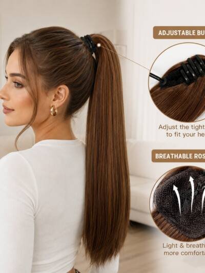 Straight Ponytail Extension Drawstring Ombre Brown LongClip-in Hairpiece For Black Women Synthetic Hair ExtensionsNatural Fit