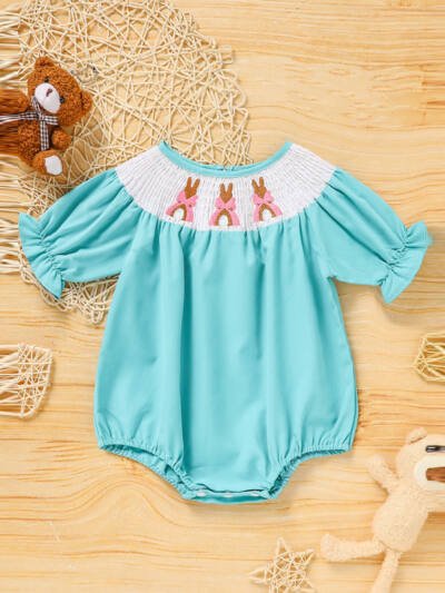 Baby Girl Comforable Bunny Romper Set, Bubble Sleeve Onesie With Bow Rabbit Embroidery