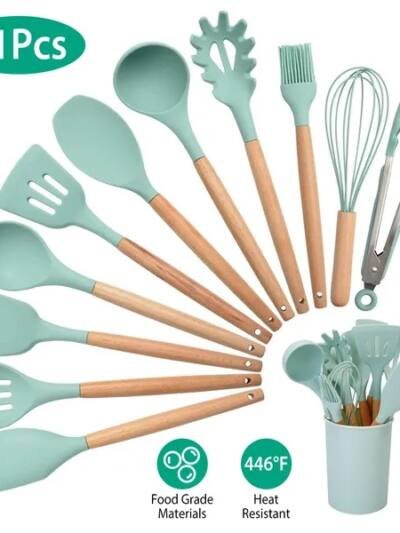 11Pcs Silicone Cooking Utensil Set Heat Resist Wooden Handle Silicone Spatula Turner Ladle Spaghetti Server Tongs