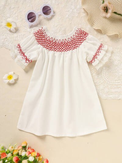 Infant Baby Girl Valentines Day Dress Lace Short Sleeve Round Neck White With Red Embroidery Party Dress