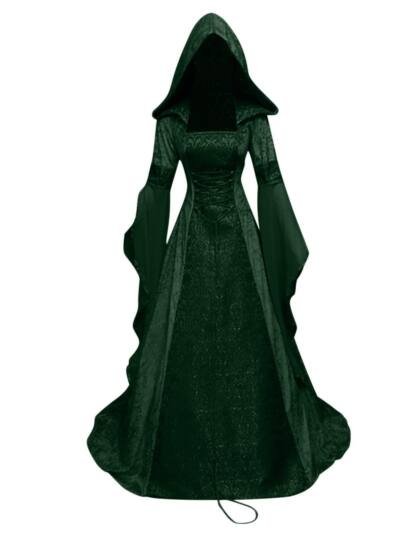 Medieval Vintage Hooded Robe Witch Cosplay, Gothic Court Halloween Costume, Waist-cinched Dress