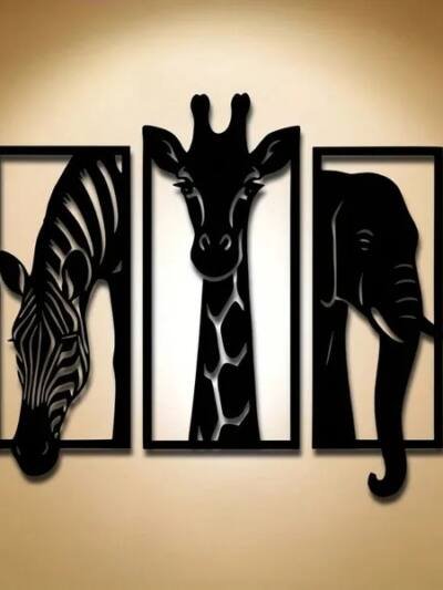 African Animal Metal Wall Art Set: Zebra, Giraffe & Elephant, 3-Piece