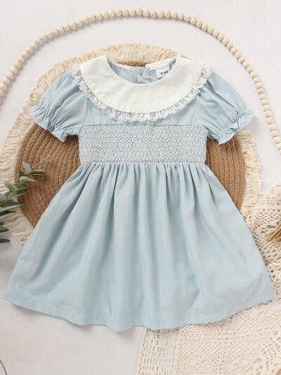Toddler Girls' Smocked Dress Cute Puff Short Sleeves Lace Crew Neck, Adorable Princess Party Dress