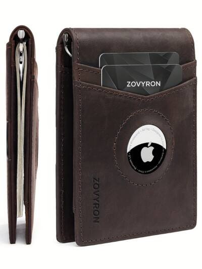 Men's Genuine Leather Bifold Wallet with AirTag Slot & Money Clip