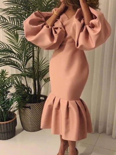 Women's Fashion Solid Color And V-neck Bubble Long Sleeve Fishtail Skirt